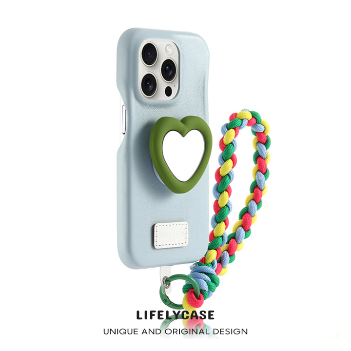 iPhone Lanyard Series | Love Mirror Stand Genuine Leather Phone Case