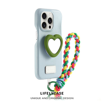 iPhone Lanyard Series | Love Mirror Stand Genuine Leather Phone Case