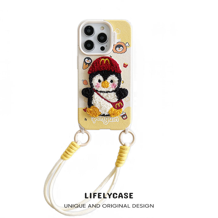 iPhone Lanyard Series | Embroidered Penguin Cartoon Leather Phone Case