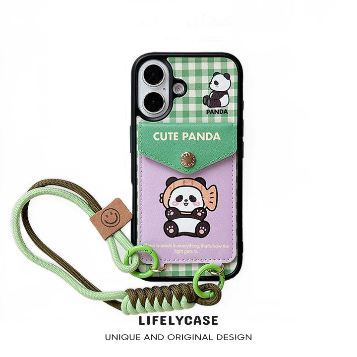 iPhone Lanyard Series | Cute Panda Genuine Leather Card Holder Phone Case