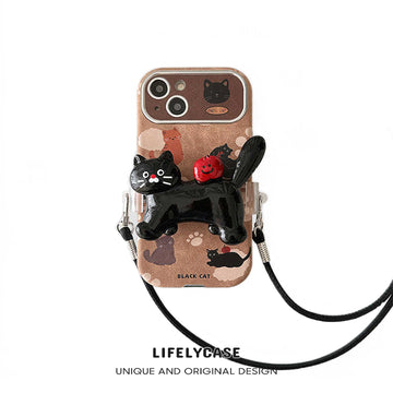 iPhone Lanyard Series | Leather Cartoon Soft Case [with Free Black Cat Back Clip Lanyard]