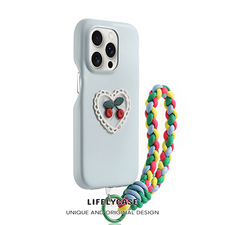 iPhone Lanyard Series | Lace Heart Cherry Leather Phone Case