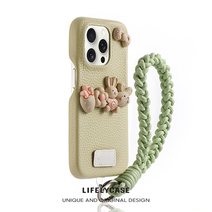 iPhone Lanyard Series | Cute Bunny Design Leather Phone Case