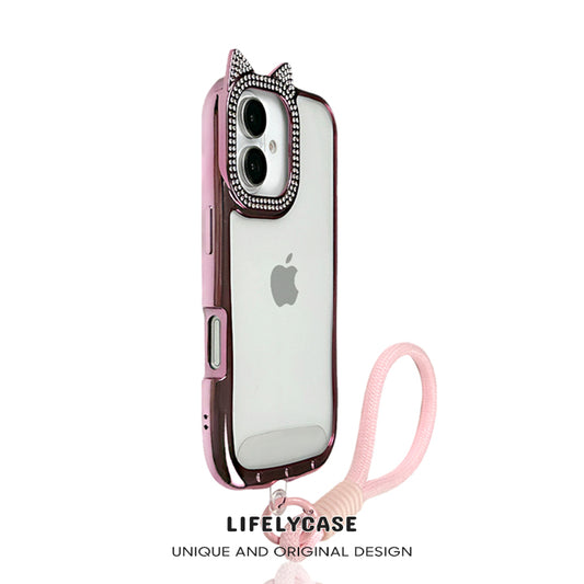 iPhone Lanyard Series | Diamond-Studded Cat Ear Design Electroplated Silicone Phone Case