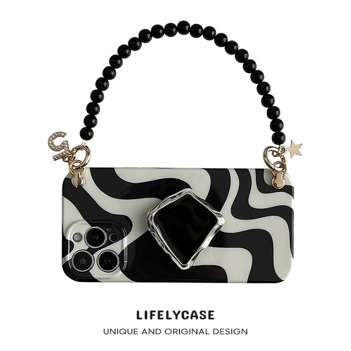 iPhone Lanyard Series | Black and White Simple Design Silk Scarf Phone Case