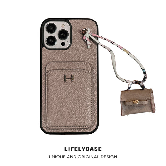 iPhone Lanyard Series | Genuine Leather Wallet Phone Case - Free Earphone Bag
