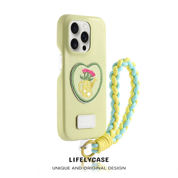 iPhone Lanyard Series | Heart Embroidery Leather Phone Case