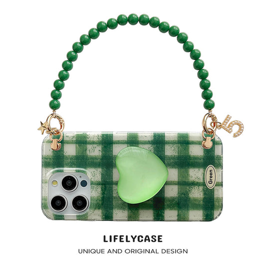 iPhone Lanyard Series | Green Lattice Heart Stand Phone Case