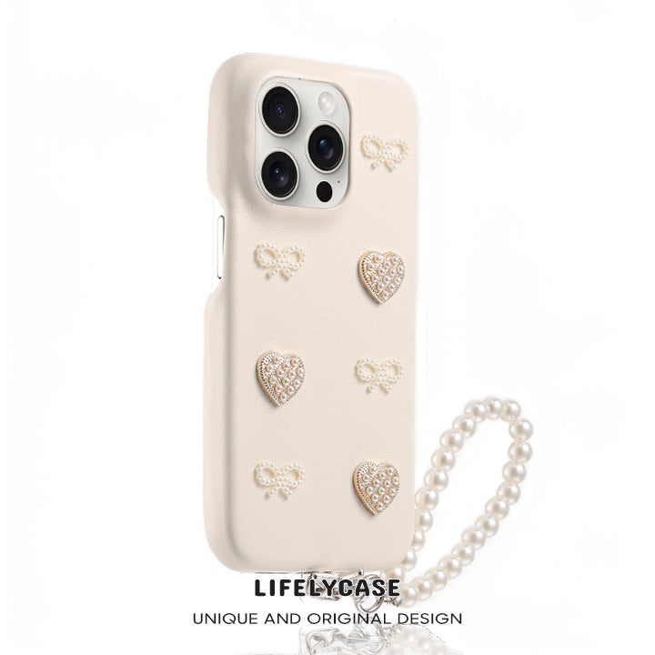 iPhone Lanyard Series | Pearl Bow Design Leather Phone Case