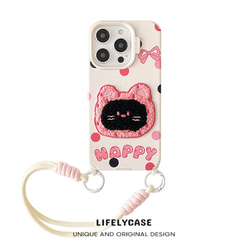 iPhone Lanyard Series | Embroidered Cat Leather Phone Case