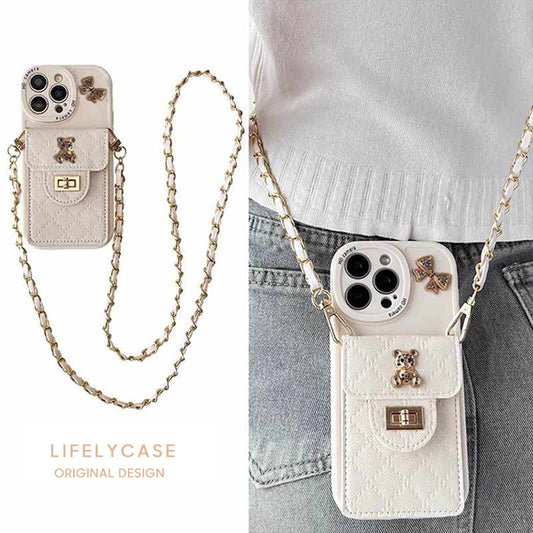 iPhone Lanyard Series | Genuine Leather Card Holder Phone Case [bear and Bow Accessories]