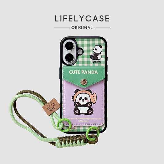 iPhone Lanyard Series | Cute Panda Genuine Leather Card Holder Phone Case