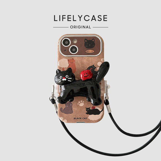 iPhone Lanyard Series | Leather Cartoon Soft Case [with Free Black Cat Back Clip Lanyard]