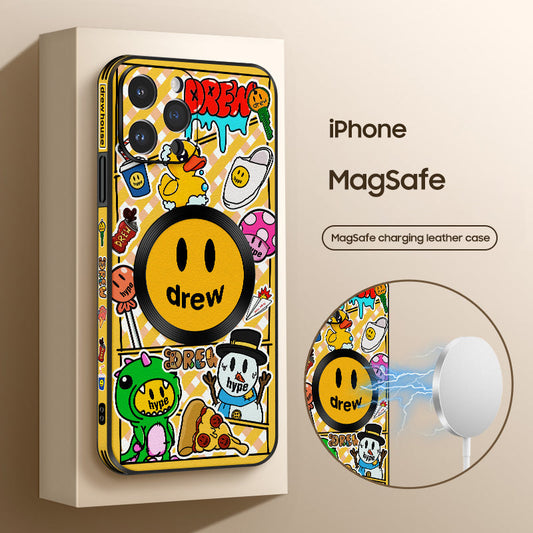 Serie MagSafe para iPhone | Funda para teléfono de cuero con dibujos animados de Doodle Smiley