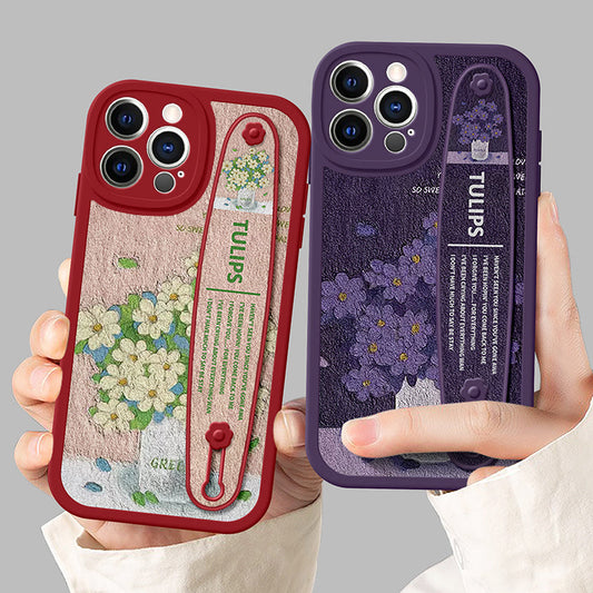 Série iPhone | Étui de téléphone de support de bracelet de fleurs de peinture à l'huile