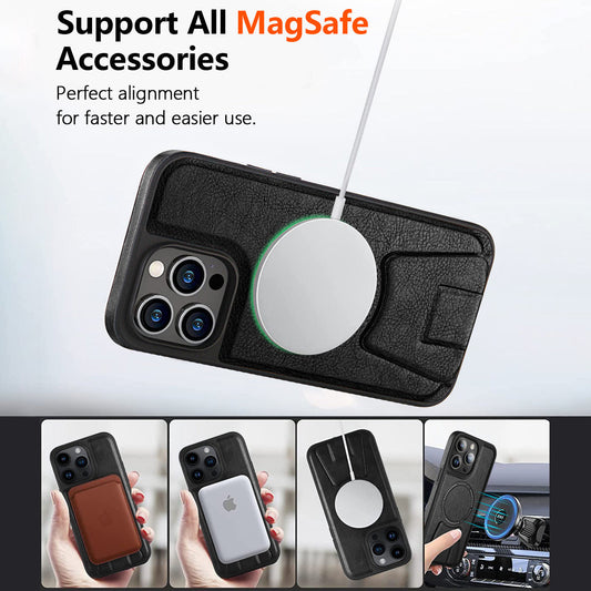 Serie MagSafe para iPhone | Funda de teléfono de cuero con soporte plegable 