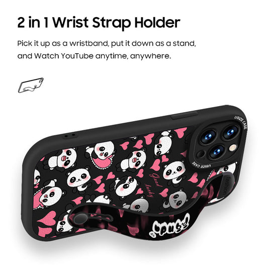 Série iPhone | Étui de téléphone en cuir avec porte-bracelet Panda mignon